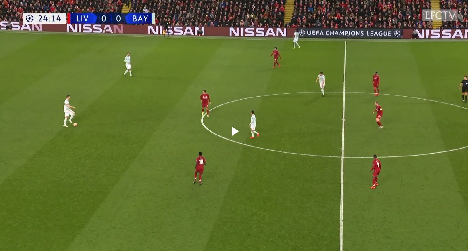 Liverpool's front and midfield 3 in their most basic positions in 4-3-3, a formation Jurgen Klopp has deployed since his first season. (Image Credits: @LFC TV on YouTube via Breaking the Lines)