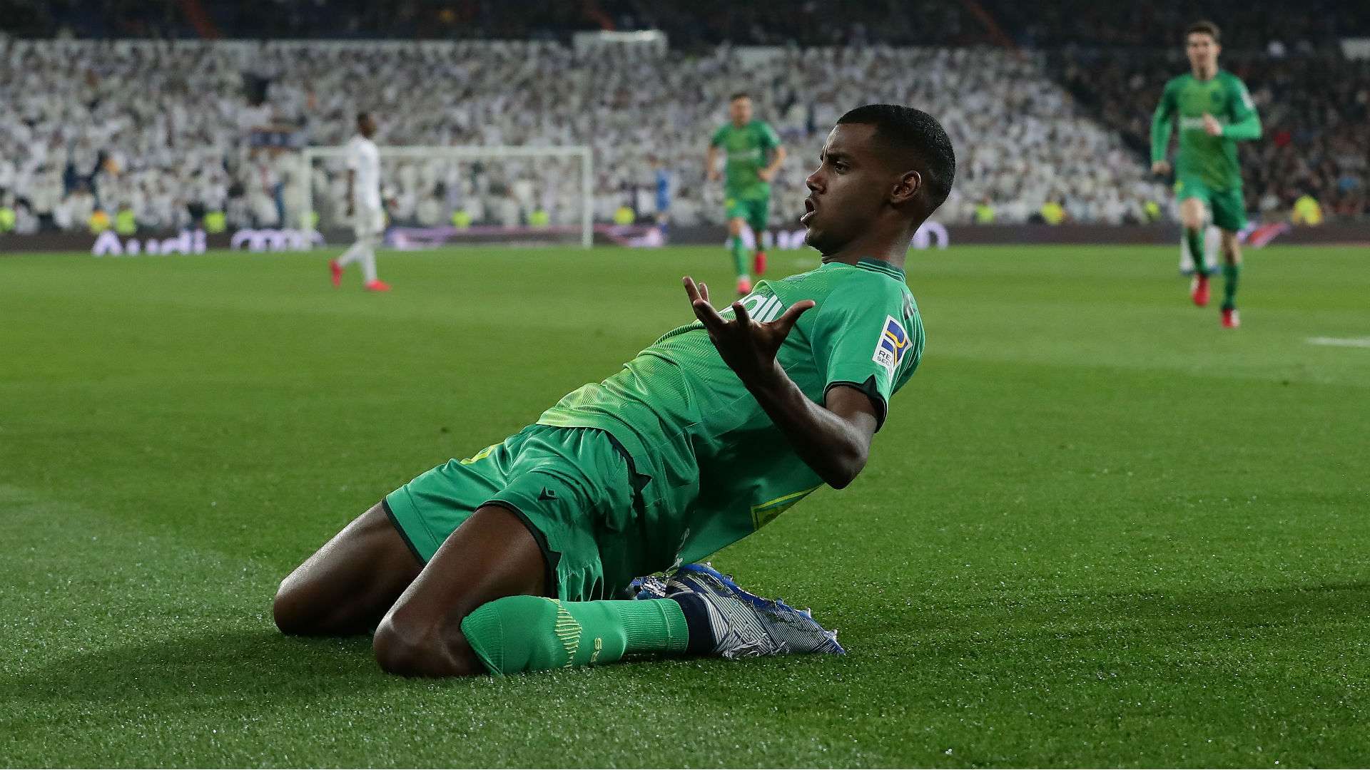 Real Sociedad's Alexander Isak heads for the ball during a Spanish