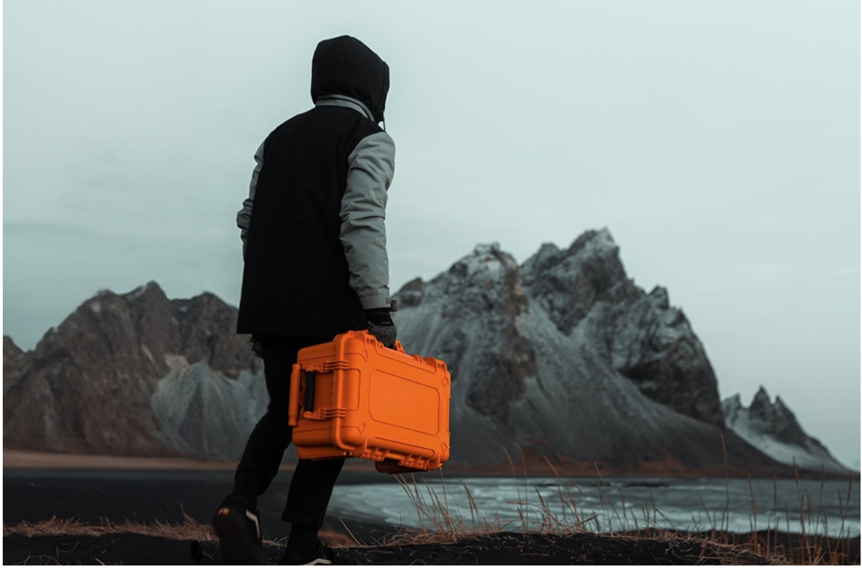 Person carrying an orange hard case toward snowy mountains